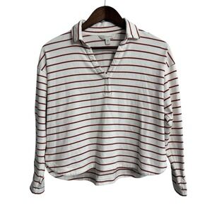 Garnet Hill polo shirt women's small organic cream v-neck preppy stripe rugby